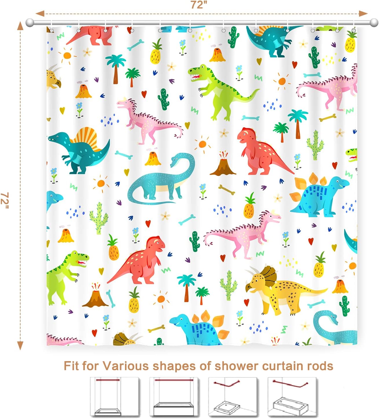 

Shower Curtain Kids, Cartoon Dinosaur Shower Curtain Colorful Animals Plants For Boys Girls Polyester Fabric Waterproof Shower C W60H190(CM)-1 Pcs