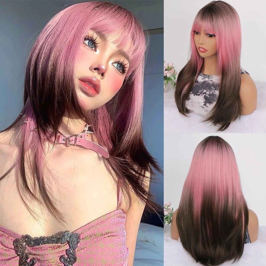 Synthetic Natural Black Wigs Long Wavy Wig for Women with Bangs Halloween Party Daily Heat Resistant Fibre Hair Wigs