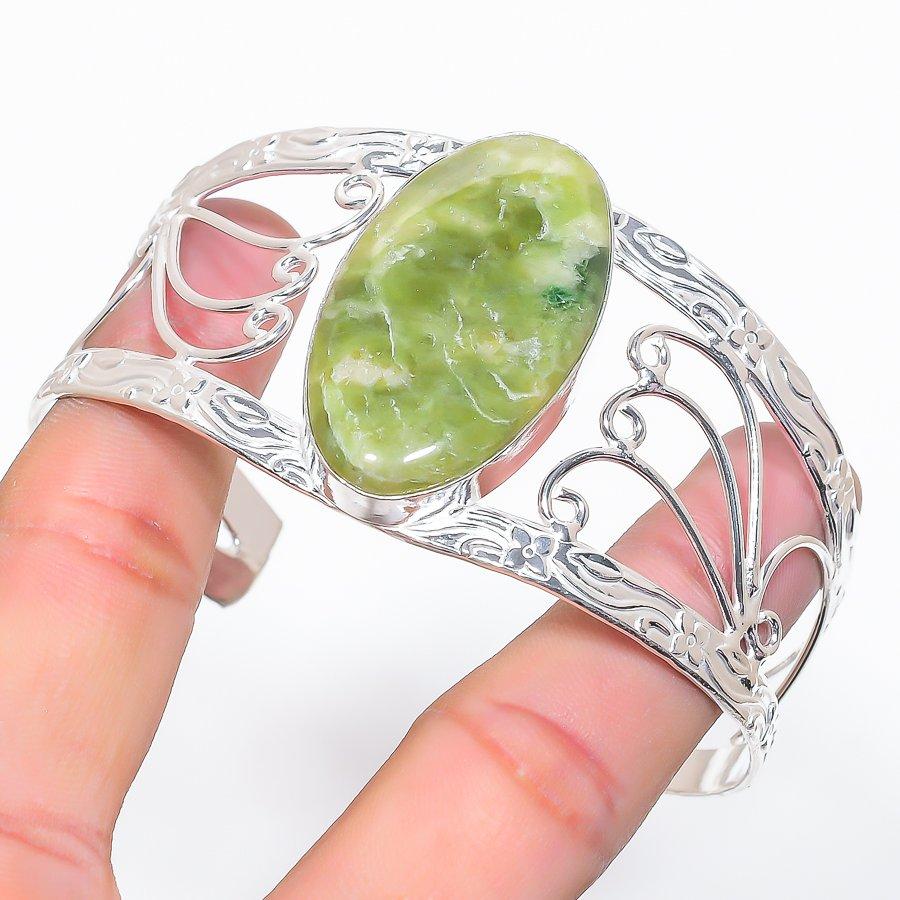 

Natural Nephrite Gemstone 925 Sterling Silver Cuff Bangle Adjustable A3r84
