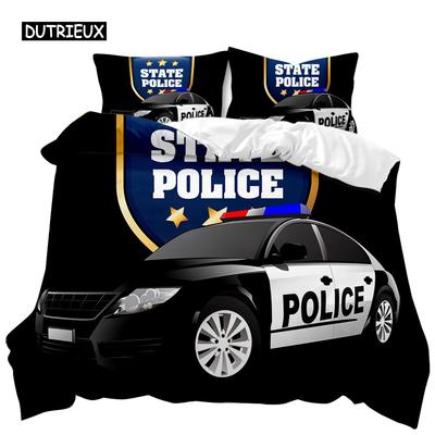 Bettbezug mit Polizeiauto, schwarzer Polizist, Doppelbett-Bettset, Cartoon-Fahrzeug-Bettbezug, rote Polizistenlichter, Polyester-Bettbezug