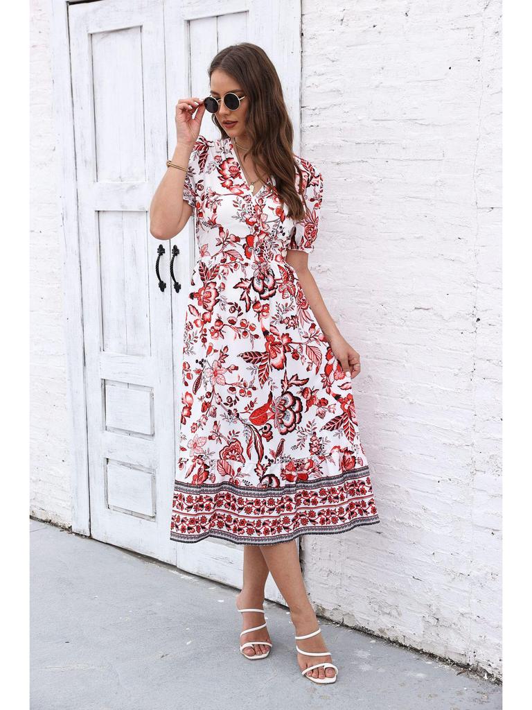 2023 Summer Stand-Up Collar Puff Sleeve Dress with All-Over Print