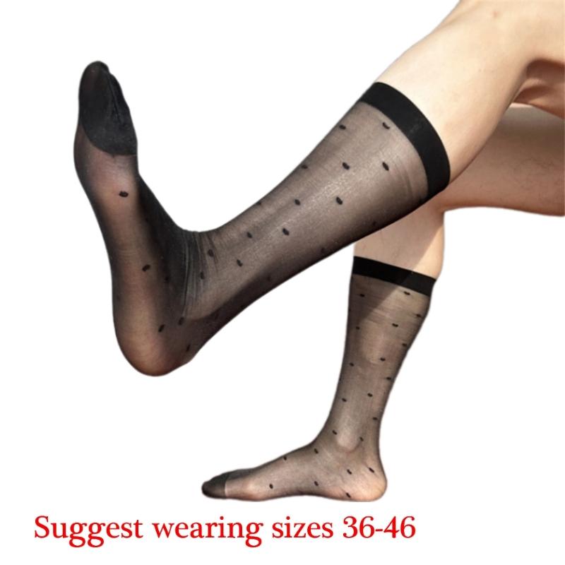 Men's Fashionable Sheer Over the Calf Long Socks Breathable See Through Dot Pattern Dress Suit Socks for Business Wear