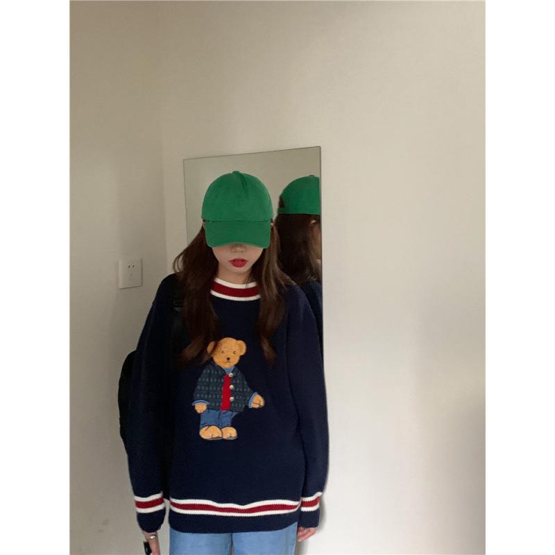 Kreslený medvídek výšivka pletený pulovr podzim zima dámský oversize svetr ležérní tlustý teplý sladký kawaii svetry