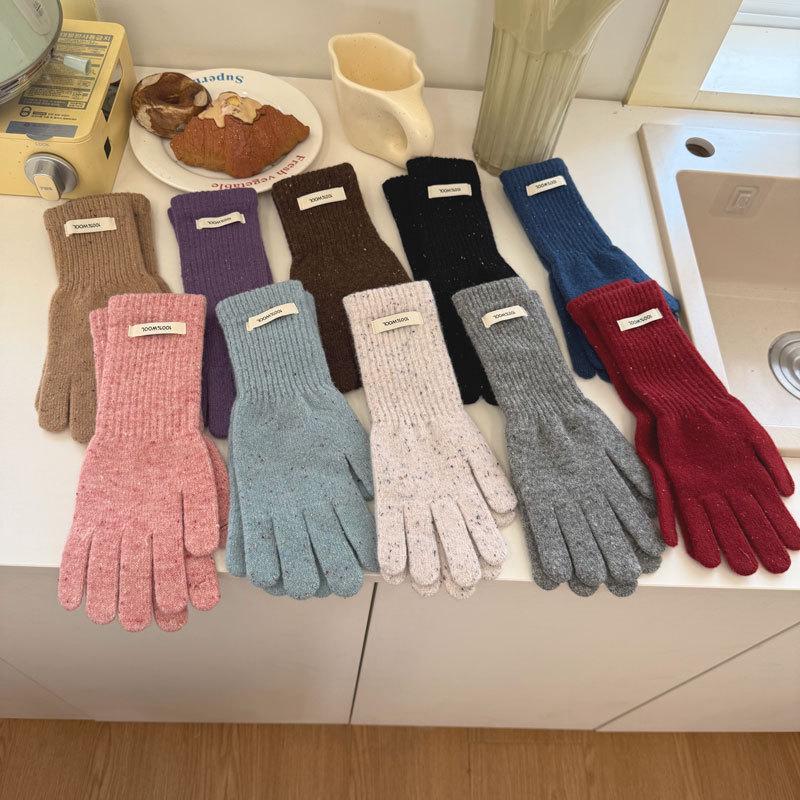 Damen-Touchscreen-Wollhandschuhe - Gesprenkelt, Lang, Warm, Gestrickt, Einfarbig für den Winter