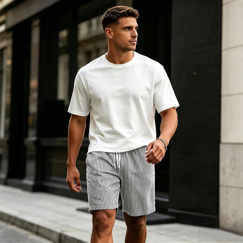 Pantaloncini a righe da uomo con coulisse in vita, casual, vestibilità ampia, a cinque tasche, sportivi, per primavera ed estate, design comodo e traspirante