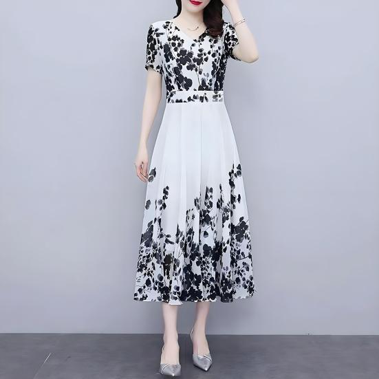 Women's Floral Maxi Dress Chinese Art Style Print A-line Long Dress Summer Short Sleeve V Neck Beach Sundress