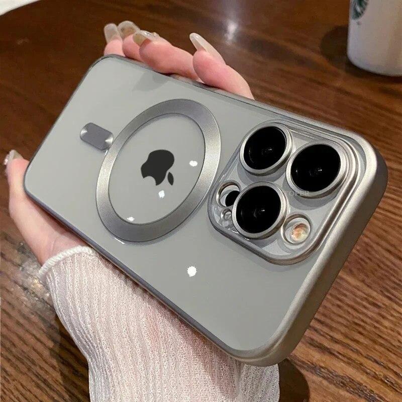 Luxury Matte Plating Frame Clear Case For IPhone 15 14 13 12 11 Pro Max Plus Magsafe Magnetic Wireless Charge Lens Protect Cover