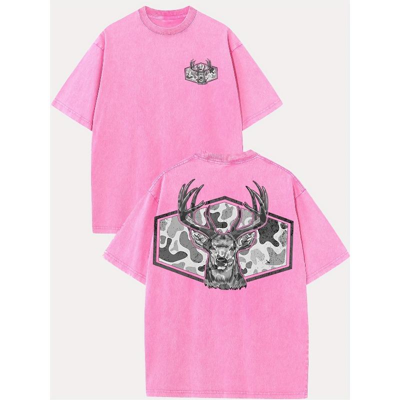 Camo Deer Head Graphic Cotton Retro Street Double-Sided Printed Pattern Men's Vintage Summer Clothing Drop Shoulder Sleeve Round Neck Top Short Sleeve