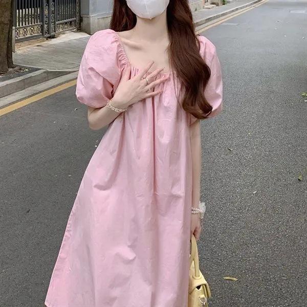 French square collar dress women's summer new design sense niche bubble short sleeve gentle wind skirt