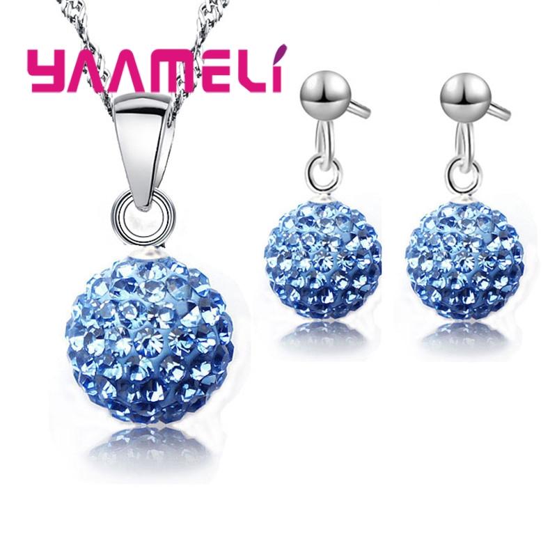 925 Sterling copper Stamped Bridal Zircon Sets Women Girls Wedding Gifts Austrian Crystal CZ Disco Ball Necklace Hoop Earrings