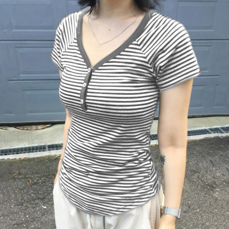 VAYLA Korean Fashion Striped V-Neck With Buttons Slimming T-shirts Women's Summer Short Sleeve Top Tees Y2K Aesthetics New