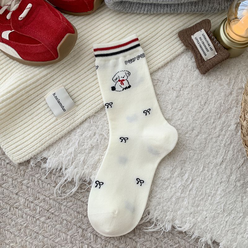 White Cute Cartoon English Dog Boneless Mid-calf Socks for Women, Pure Cotton Bow Polka Dot Pile Socks