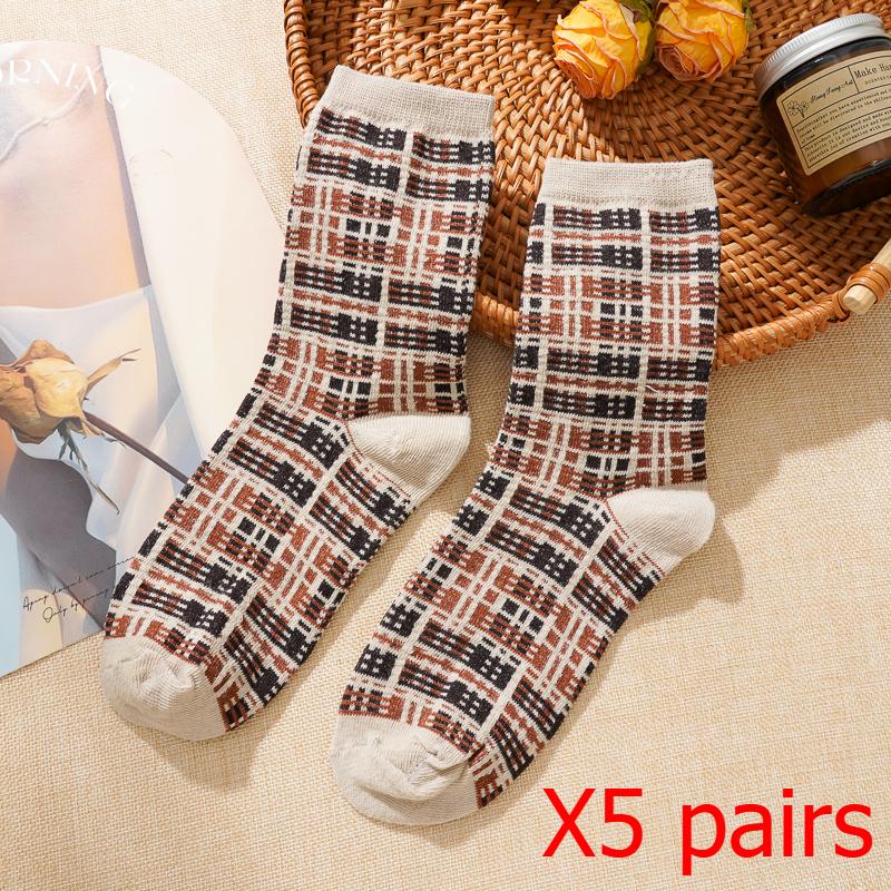 1/5 Paar Vintage Baumwollsocken Damen Niedliche Kniestrümpfe Herbstliche Ästhetik Lange Socken Preppy Knöchelsocken für Damen