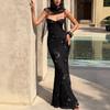 Temperament suspender dress slim French halter solid color long dress flower decoration evening dress women's high-end banquet dress