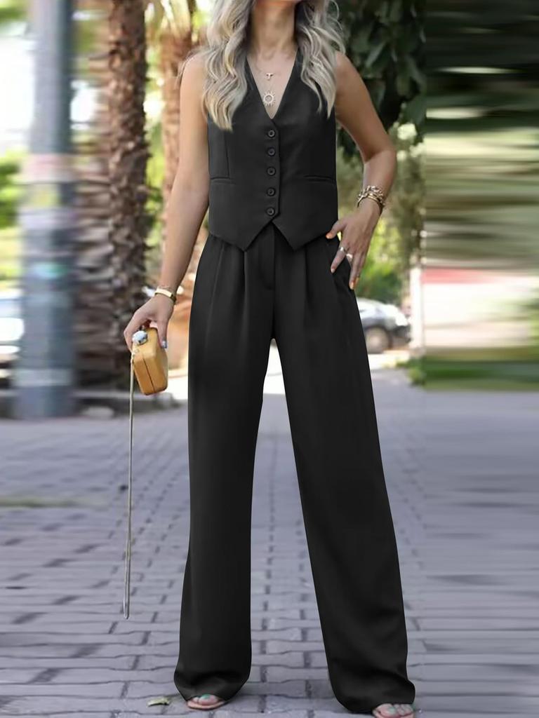 Women's Spring New Arrivals V-Neck Sleeveless Vest Wide Leg Pants Casual Set