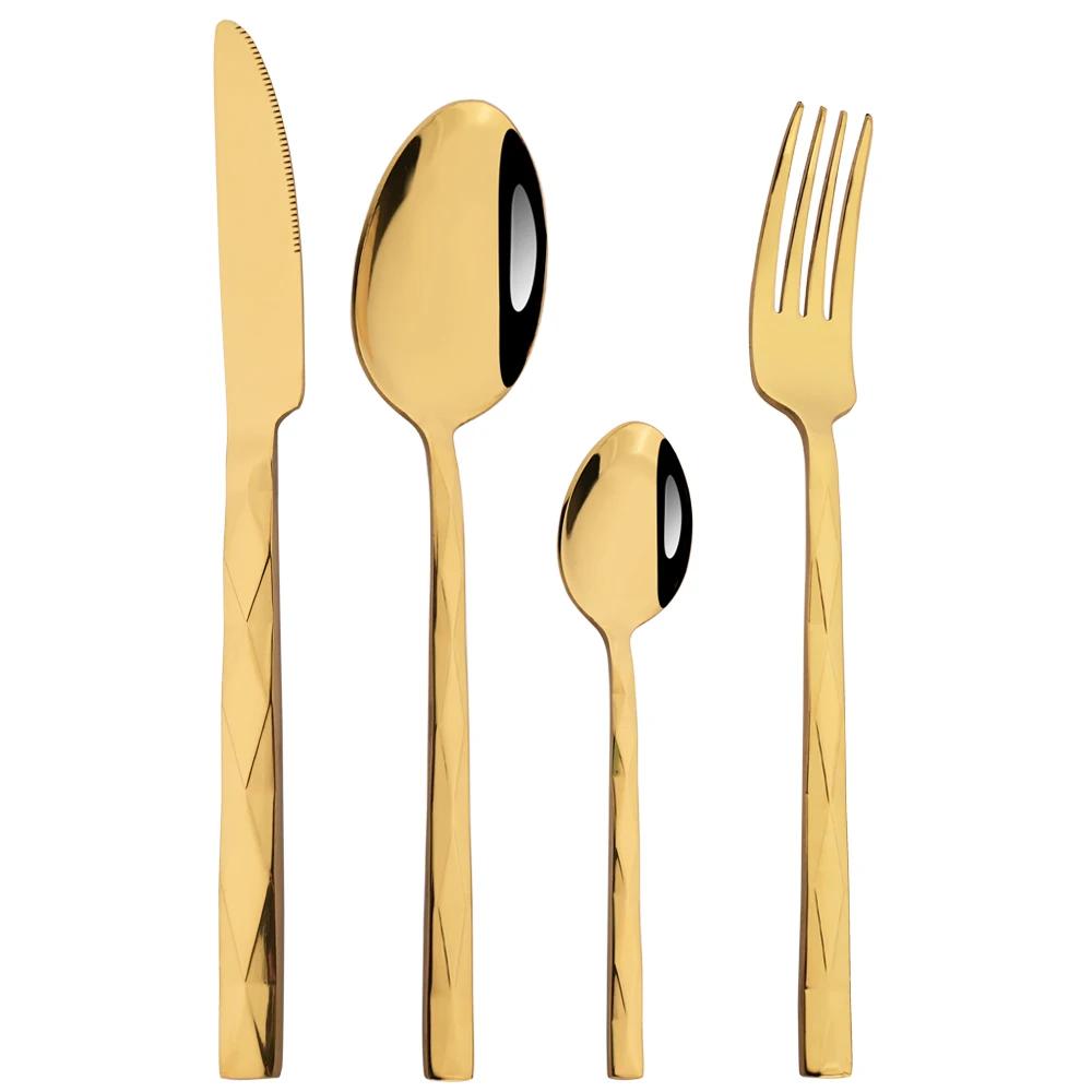 Western 4Pcs Stainless Steel Dinnerware Diamond Shaped Knife Fork Spoons Cutlery Set Restaurant Kitchen Tableware Flatware Set
