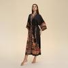 Yaoting European and American satin long-sleeved pajamas women's long loose and comfortable nightgown printed loungewear WP1981