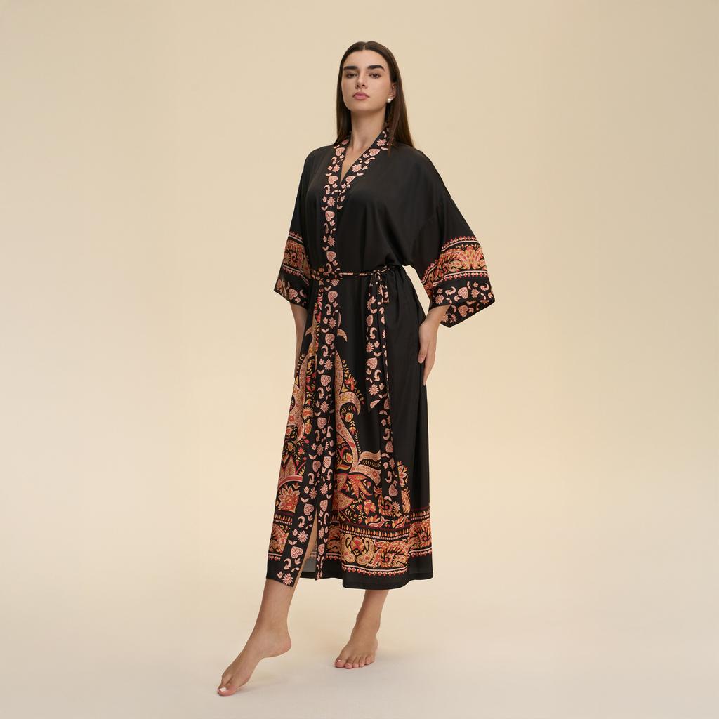Yaoting European and American satin long-sleeved pajamas women's long loose and comfortable nightgown printed loungewear WP1981