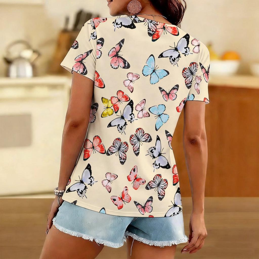 Women Square Neck Short Sleeve Top Black Galaxy Colorful Glitter Butterfly Print Blouse