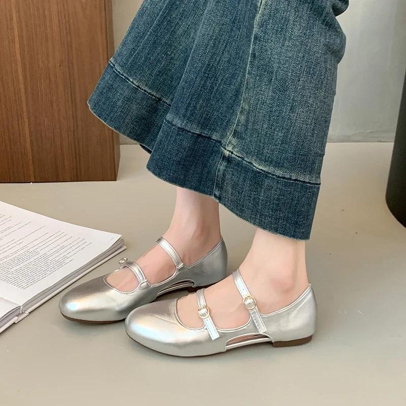 Fashion One Buckle Mary Jane Flat Single Shoes Women's Round Toe Shallow Mouth Metal Buckle Cutout Breathable Low Heel Shoes