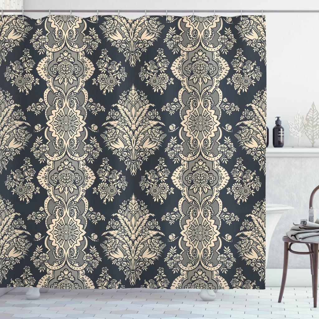 Golden Baroque Symmetrical Shower Curtain, Paisley Bohemian Tribal Ethnic Damask Ornament Luxury Design Bathroom Shower Curtain