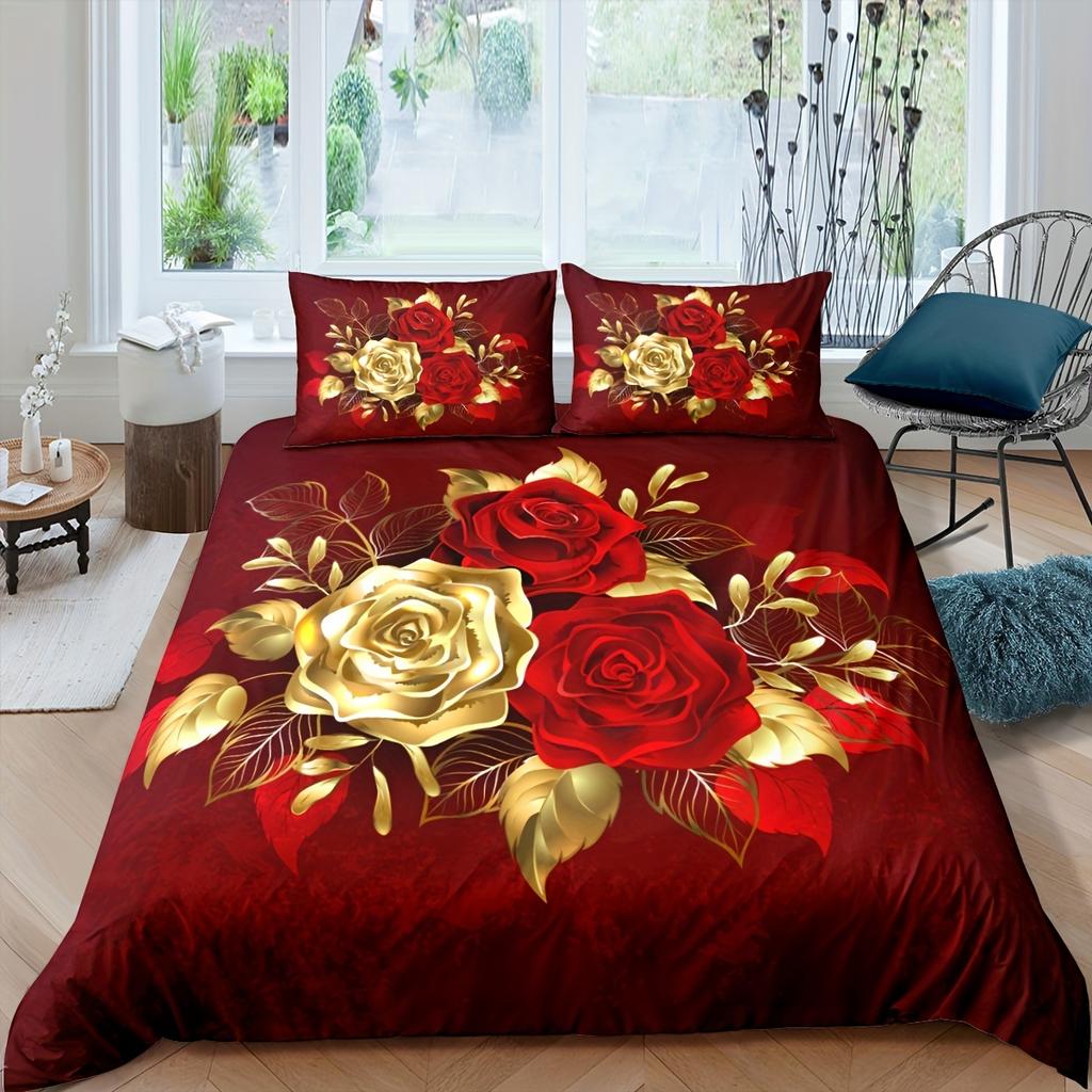 Romantic Rose Duvet Cover Set 2/3Pcs Soft Breathable Bedding For Bedroom Dorm Room Decor Christmas Gift