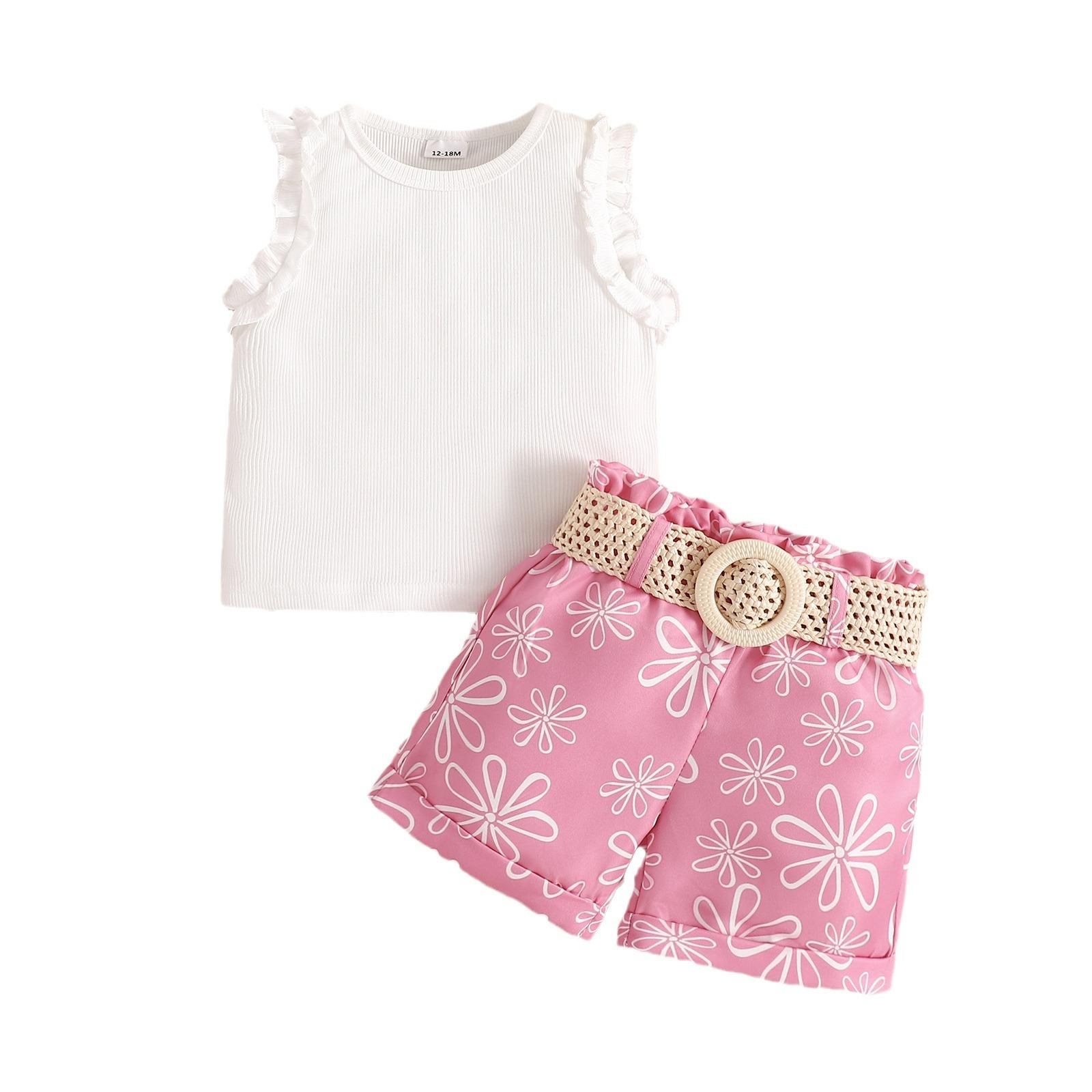 

Повседневный комплект для девочек, летний детский комплект из жилета без рукавов и шорт 3-4Y розовый