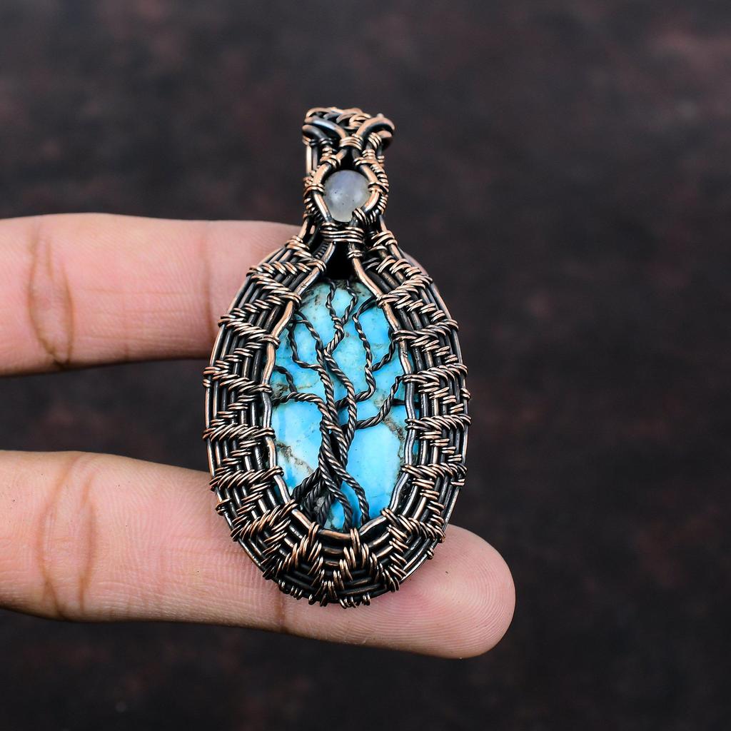 Tree Of Life Tibetan Turquoise Pendant Copper Wire Wrapped Pendant Moonstone Pendant Handmade Copper Jewelry Gemstone Pendant Gift For Women