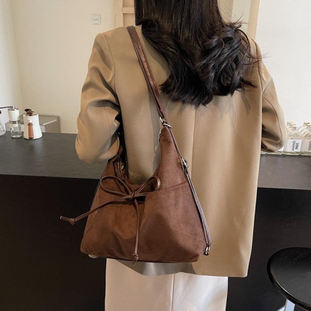 Solid Color Bow Backpack Korean Style Shoulder Tote Bag Fashion Suede Shoulder Bag Travel