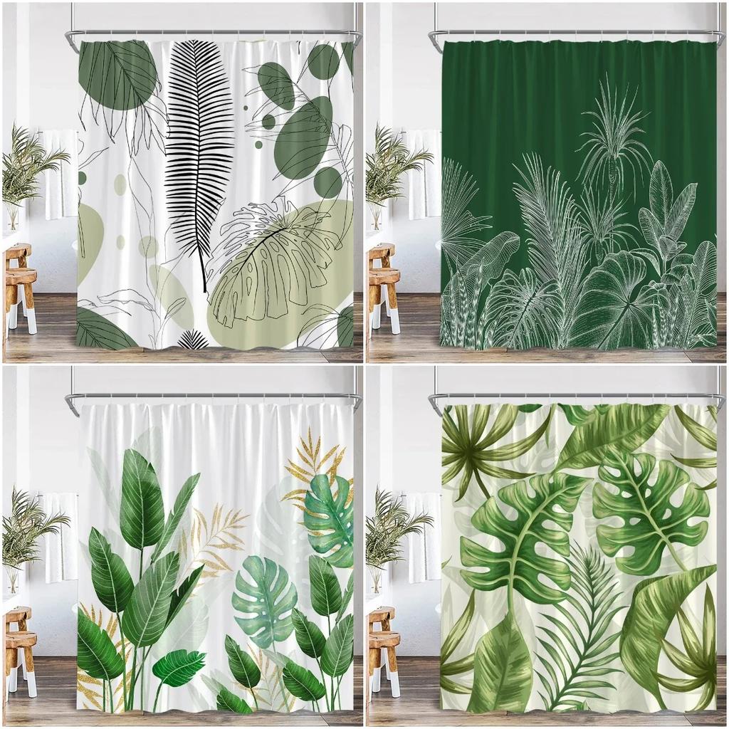 Modern Simple Tropical Leaves Shower Curtain Monstera Palm Leaf Greening Bathroom Decorative Polyster Shower Curtain With Hook