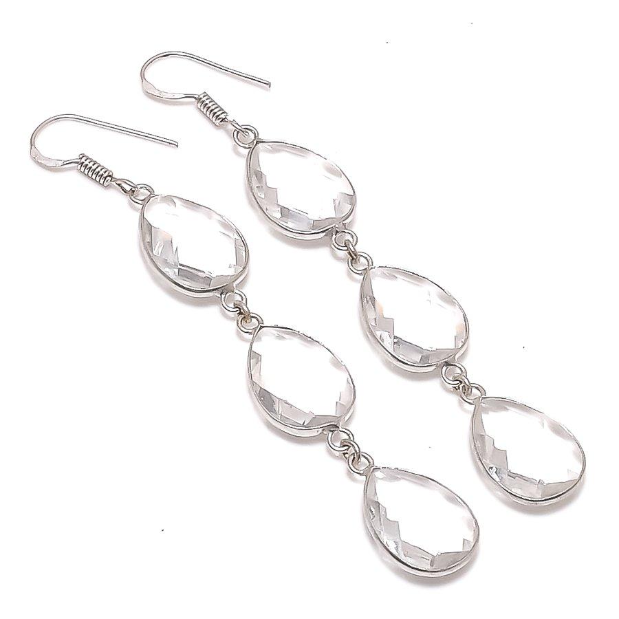 Natural White Topaz Gemstone 925 Sterling Silver Jewelry Earring 3.31" u8L48