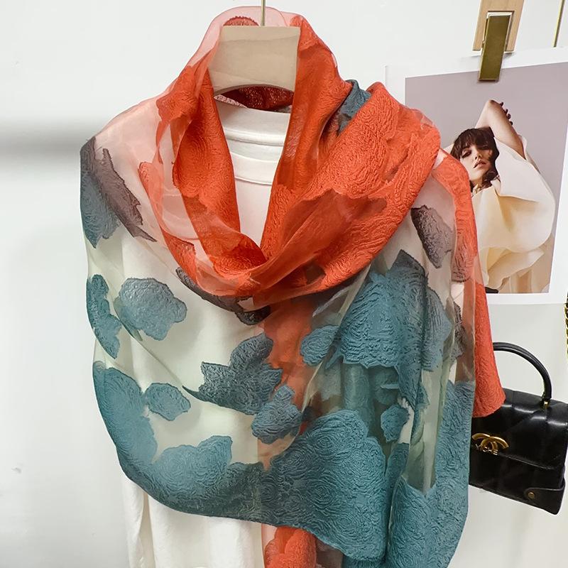 Shawl Scarf Advanced New Gradual Change Flower Long Silk Scarf Yarn Versatile Sunscreen Shawl