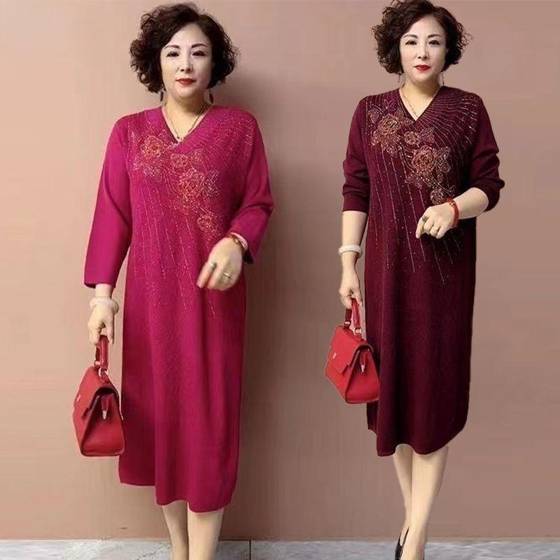 Women's V-Neck Plus-Size Sweater Dress Autumn Loose Embroidered Long Knit Dress
