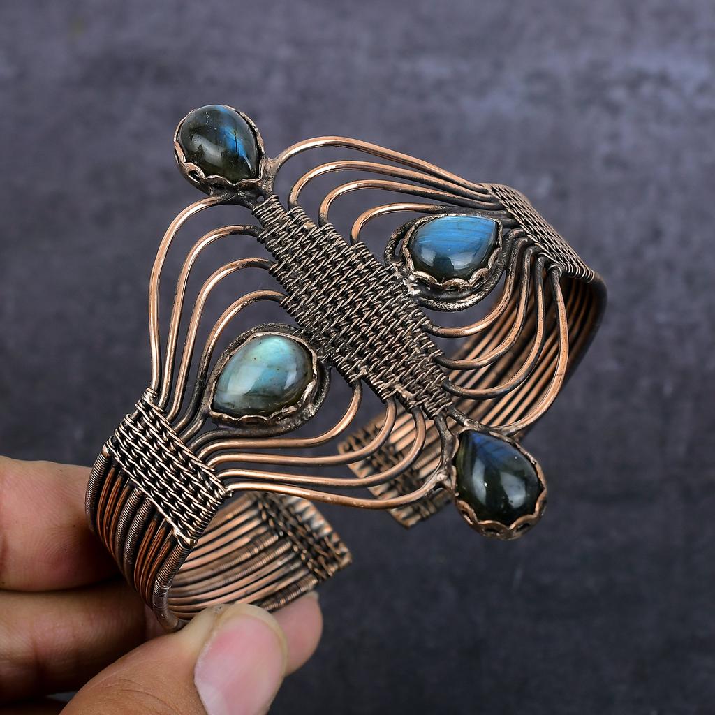 Natural Labradorite Gemstone Copper Wire Wrap Cuff Bangle Adjustable G7s09