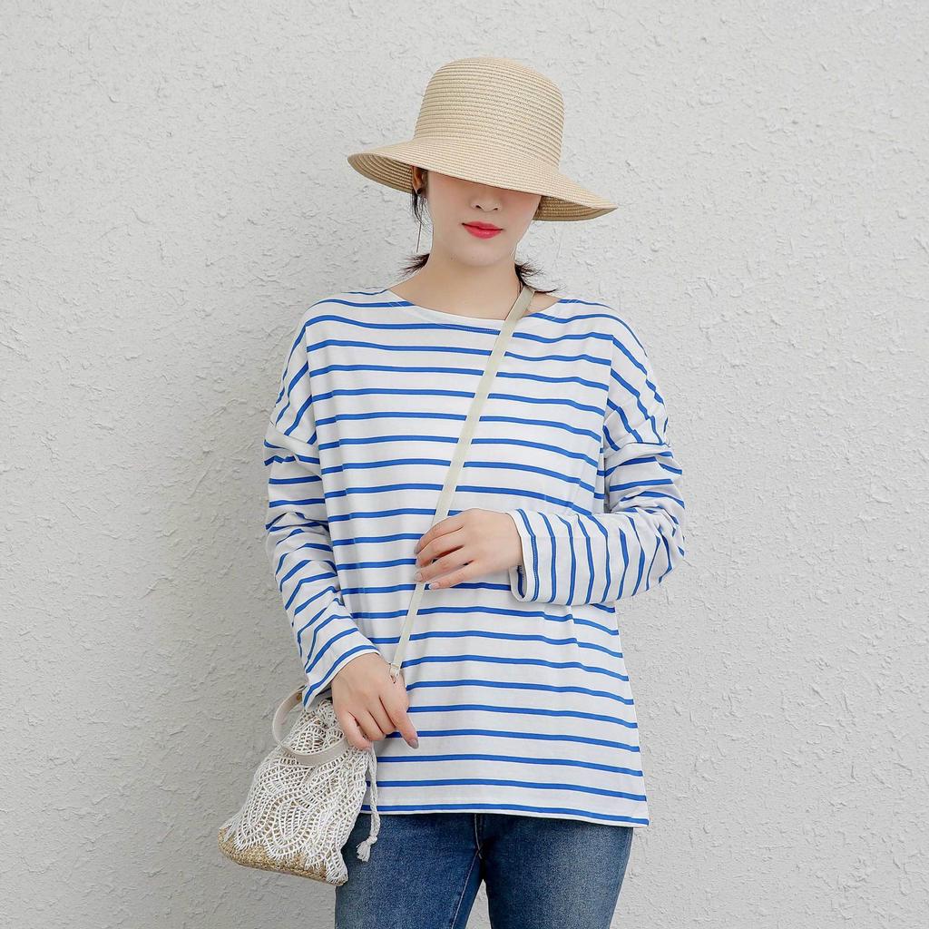 Johnature Striped Casual T Shirts Women Autumn Simple All Match Loose Full Sleeve Loose Tops