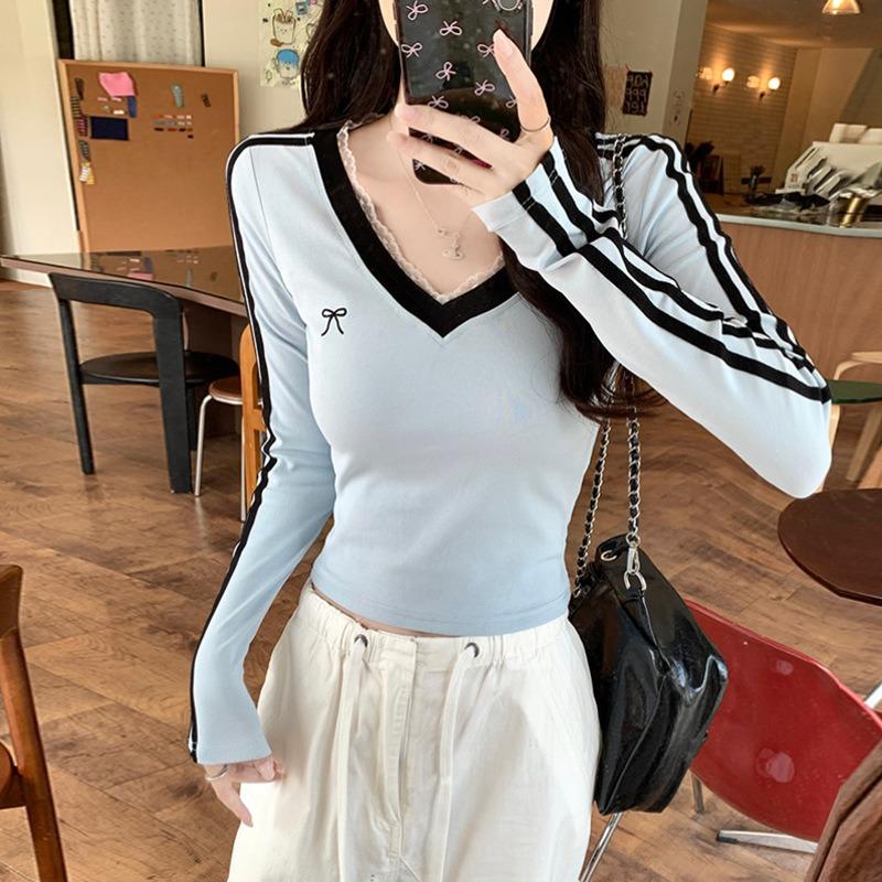 

Real shot collar lace edge long sleeve T-shirt women s slim short style with striped top trendy L синій
