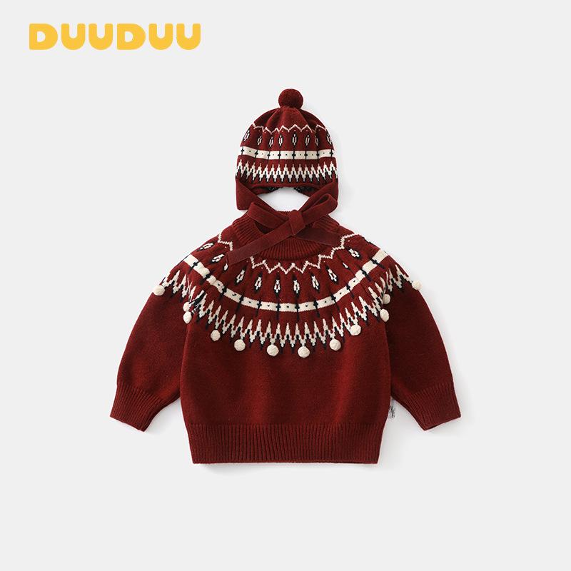 

DUUDUU Red Girls Korean Style New Year Knit Sweater for Autumn/Winter 90 cm червоний