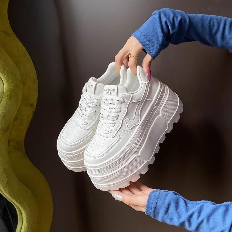 Fashion 8CM Women Platform Sneakers Leather Shoes New Autumn Chunky Vulcanized Skateboard Shoes Women Breathable Comfort Sneakers