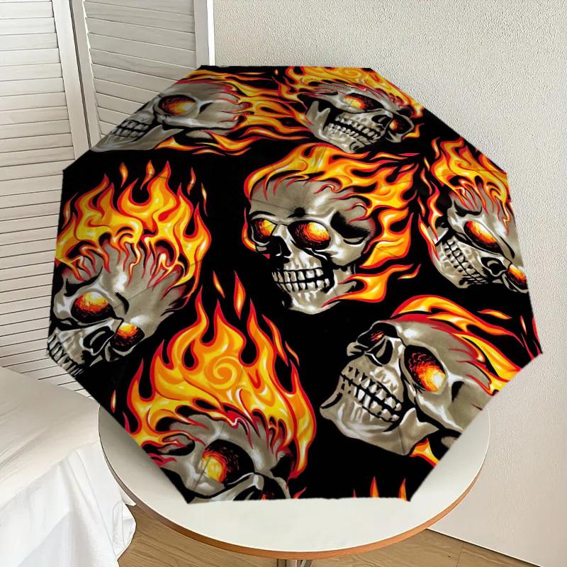 1pc Skulls Fire Pattern Umbrella Design Automatic Opening and Closing Umbrella, High-quality Travel Umbrella, Lightweight and Portable,