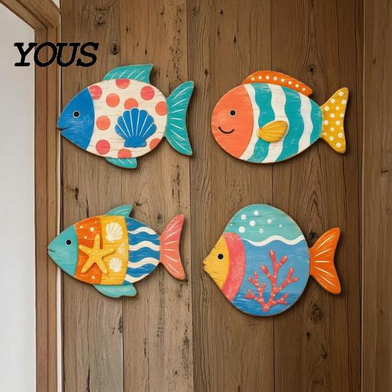 Decorative Wall Hanging Pieces 4PCS Aspen Wood Fish Decor, Colorful Seaside Bathroom Art Art, Beach Theme Plaques for Living Room Vintage Distressed