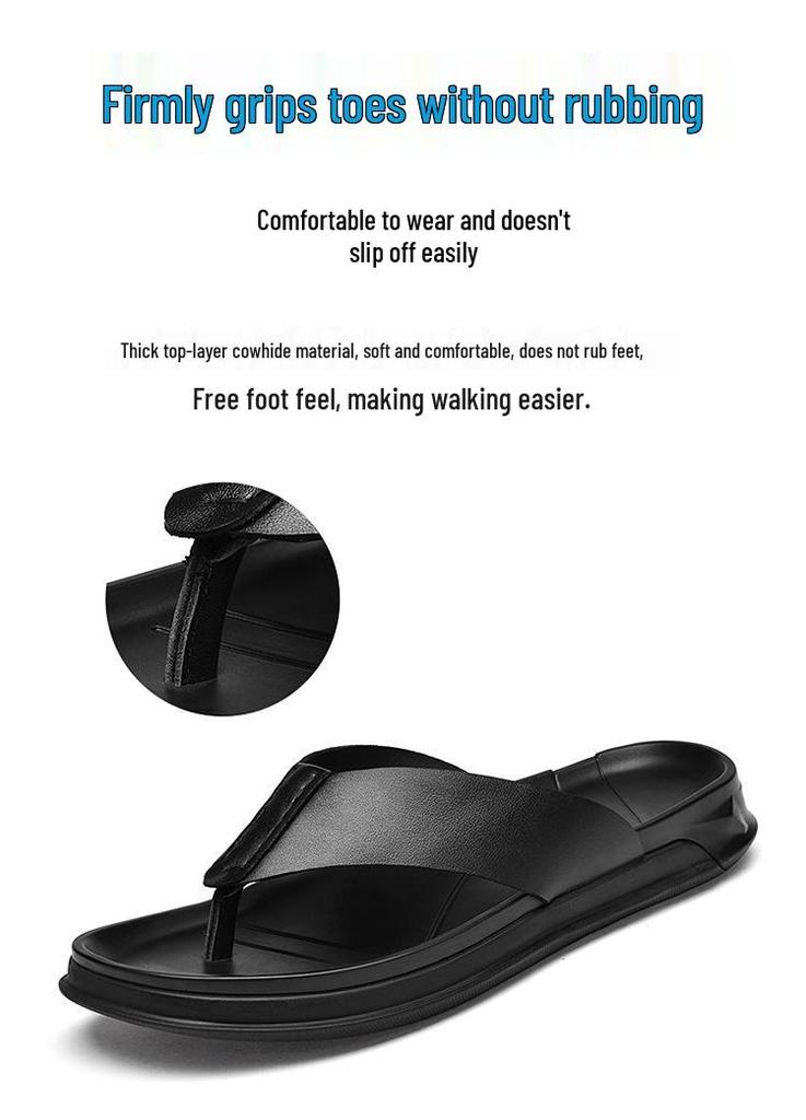 Men's Genuine Leather Summer Flip-Flops, Toe Post Beach Shoes, Lightweight & Breathable Slippers