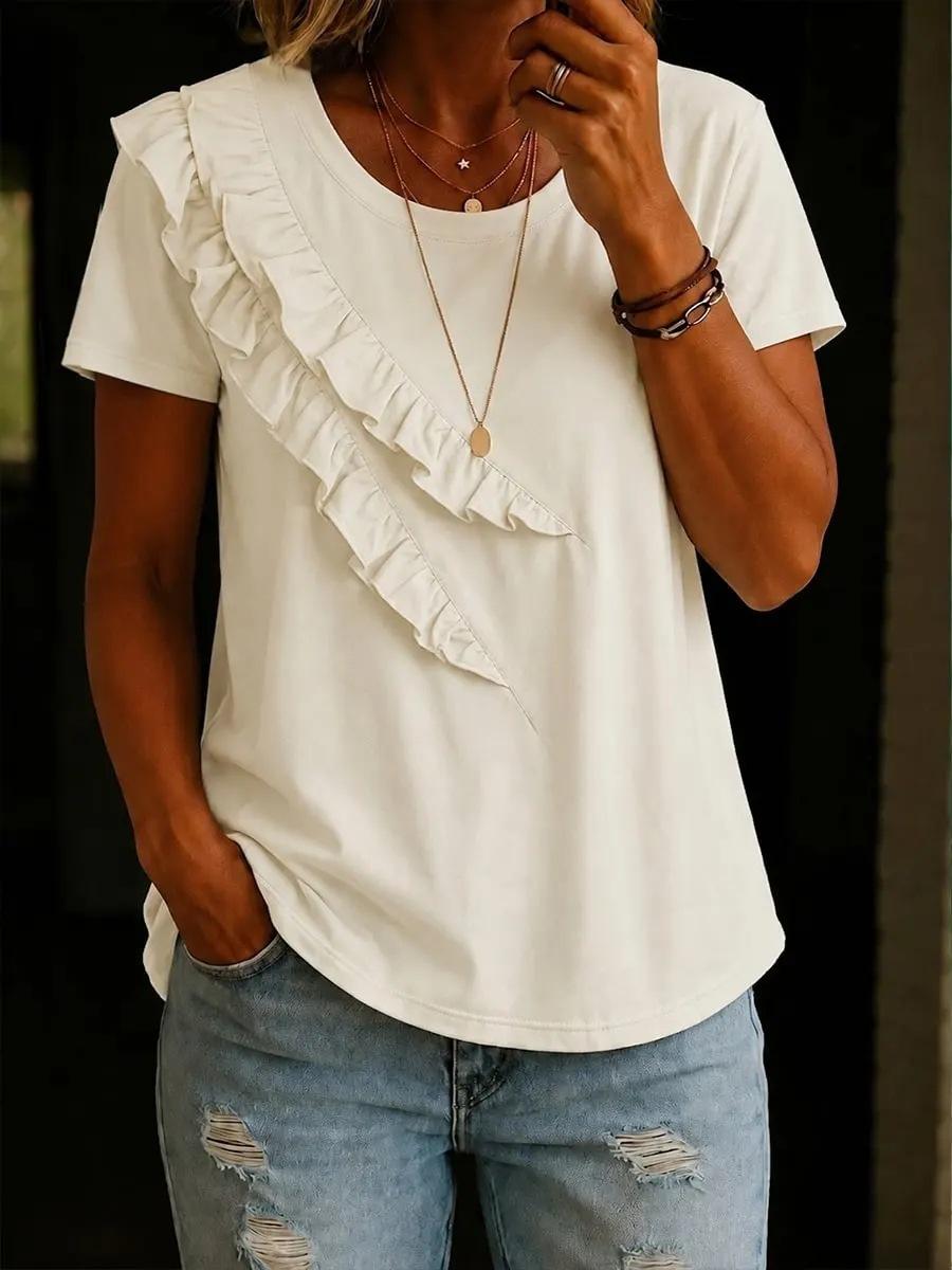 Women Casual Round Neck Short Sleeve Ruffle Trim Solid T Shirt S белый