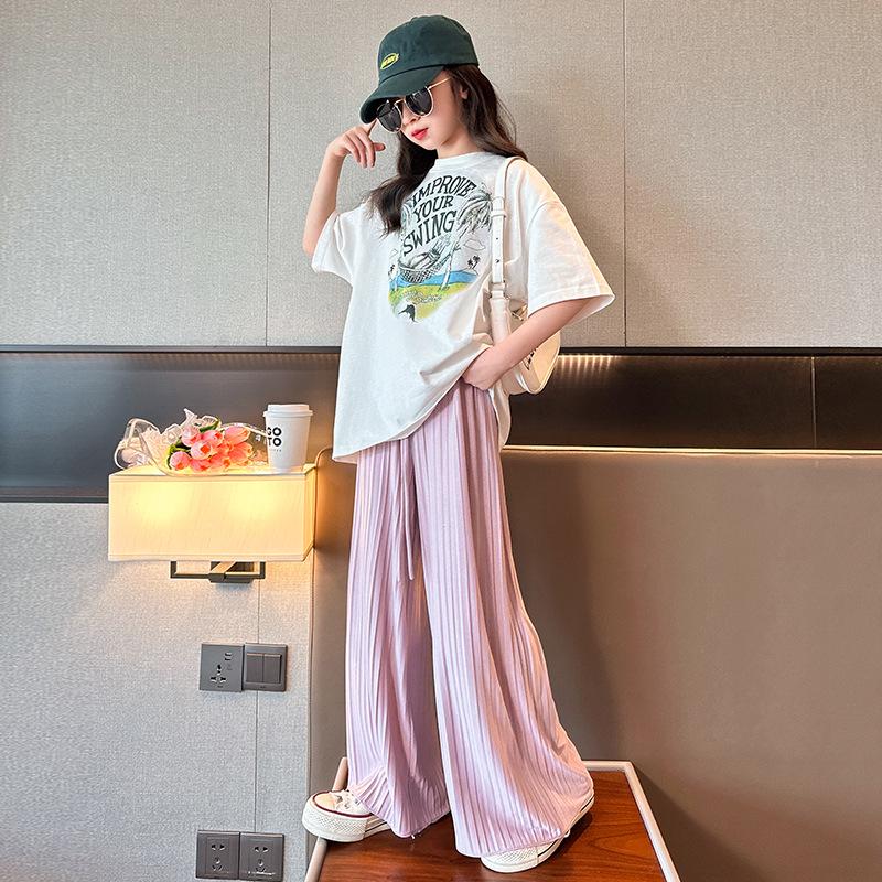 Girls' Ice Silk Wide-Leg Korean-Style Summer Pants - Breathable, Casual Long Pants for Kids 2025