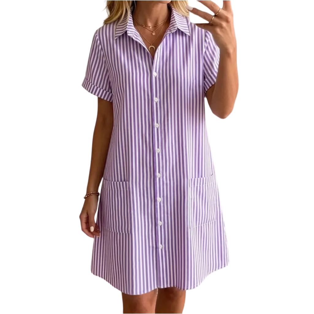 Women's Loose Fit Plus Size Striped Short Sleeve Shirt Dress Casual Mid Length Button Down Summer Dress with Pockets