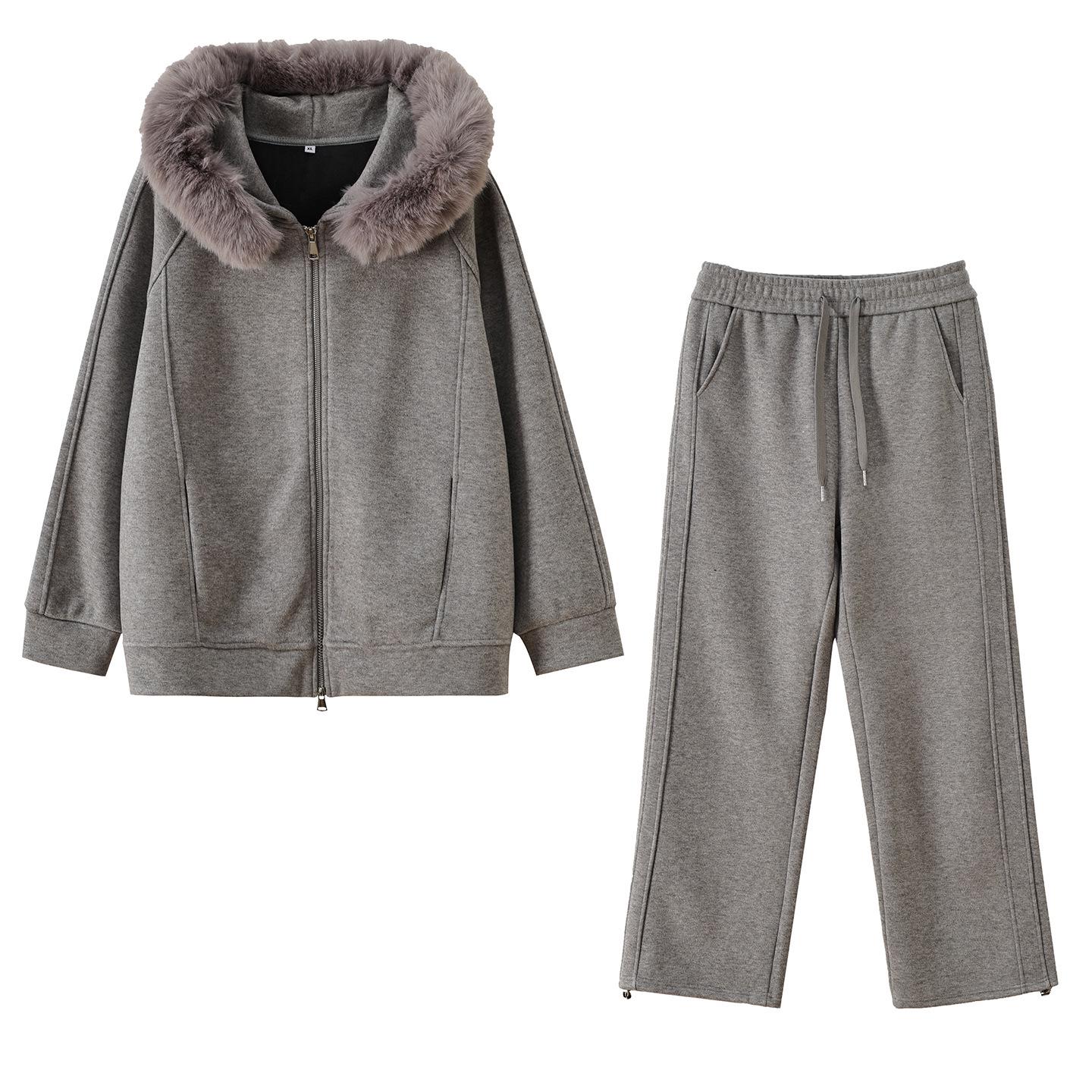 

Zhi Xuan Plus Size Women s Fur Collar Hoodie & Fleece Jacket with 2025 Winter Pants Set 3XL (171-190 jin) серый