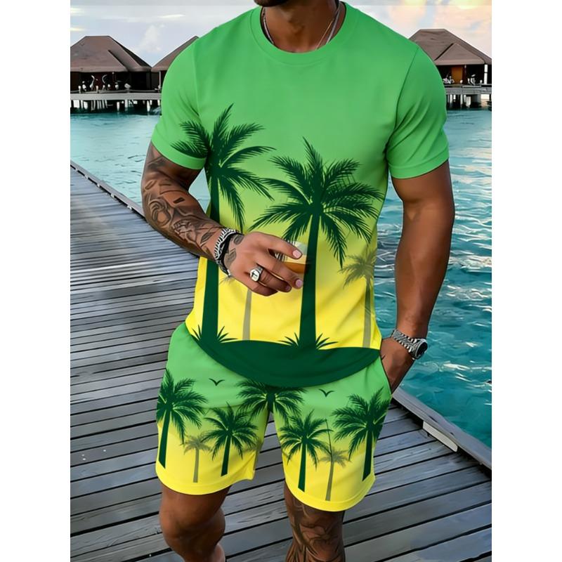 Popular Coconut Tree Printed T-shirt Sets Hawaii Style Tee Shorts Outfits Summer Vacation Two-piece Sets Hot Sell Men's Clothing