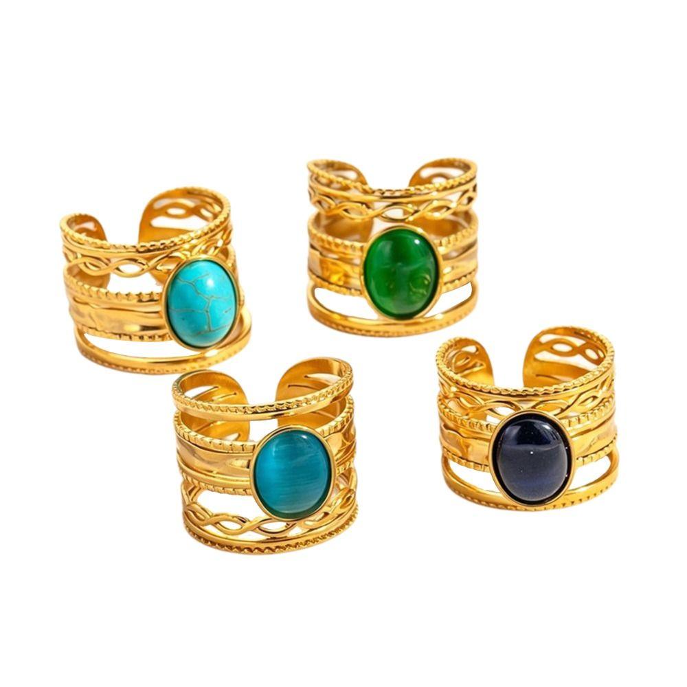 Stainless Steel Geometric Hollow Ring Hollow Pattern Colored Stone Ring Open Ring For Women