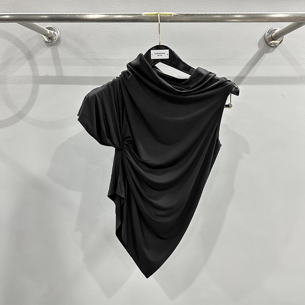 SUBHUMAN Women's European & American Style | Orange Irregular Pleated High Collar One-Shoulder Knit Top