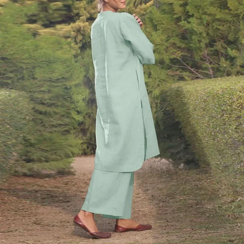 Fashionable Cotton Linen Long Sleeve Casual Drawstring Pants Set