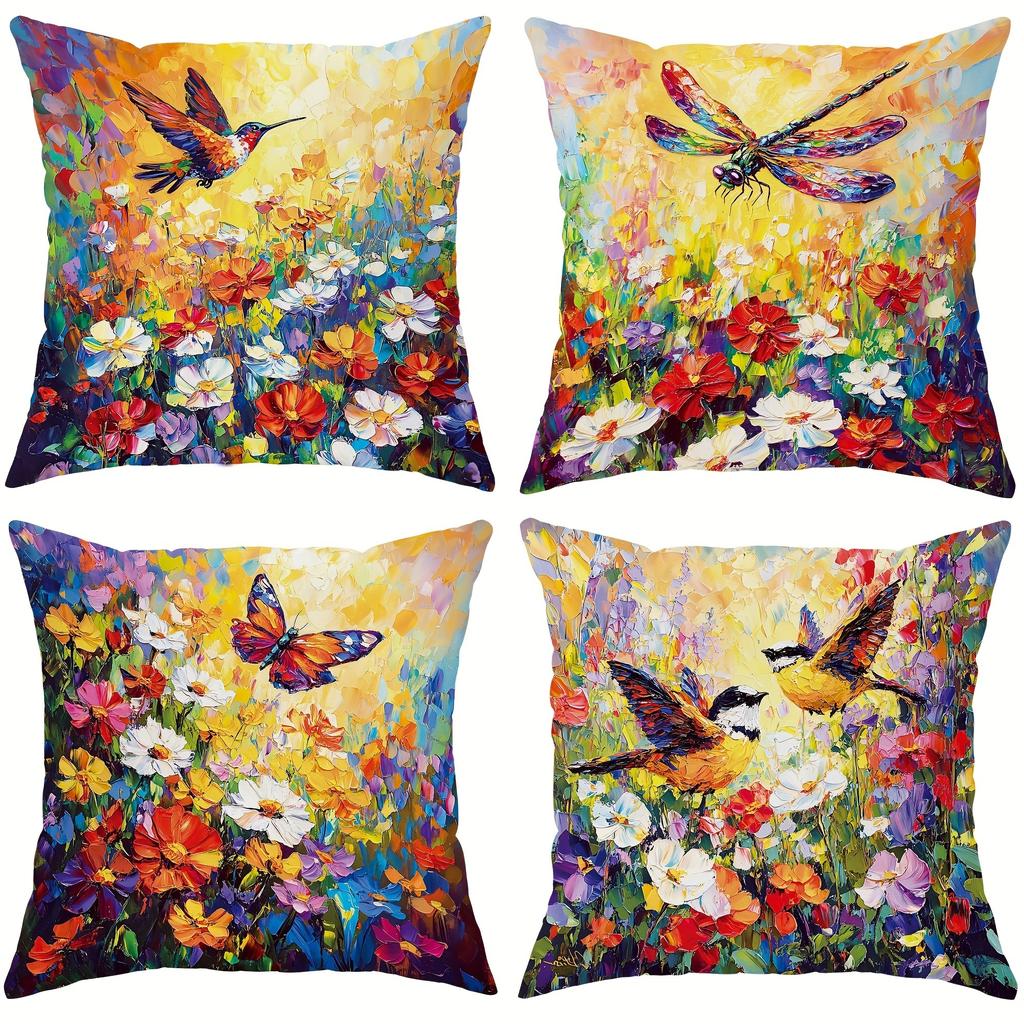 Artistic Hummingbird & Wildflower PillowcasesLiving Room Sofa Cushion Cover, Soft and Comfortable, Bedroom Room Decoration